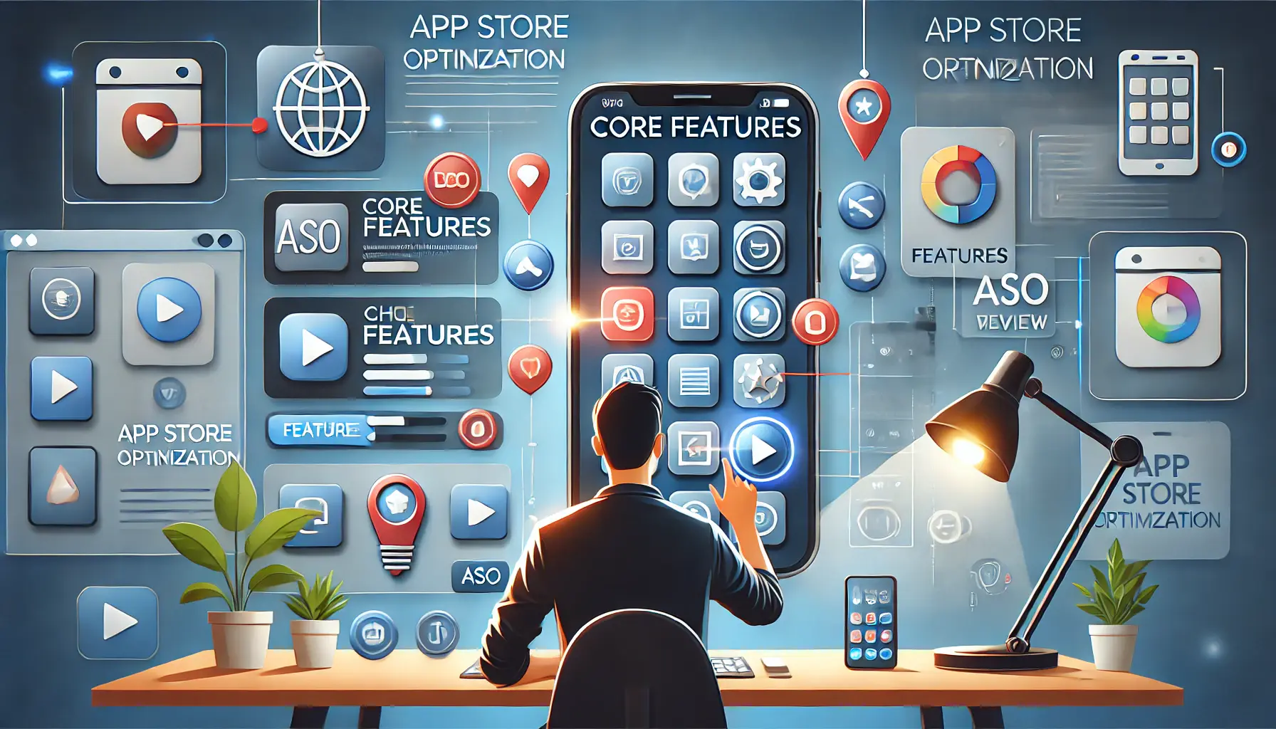 A digital illustration of a designer highlighting core features of an app on a preview screen, with visual emphasis on specific functionalities.