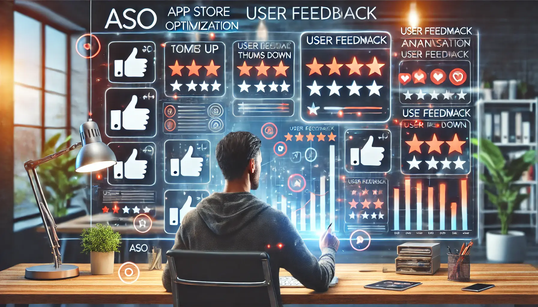 A digital illustration of a designer reviewing user feedback on a modern workspace dashboard, with positive and negative ratings and reviews.