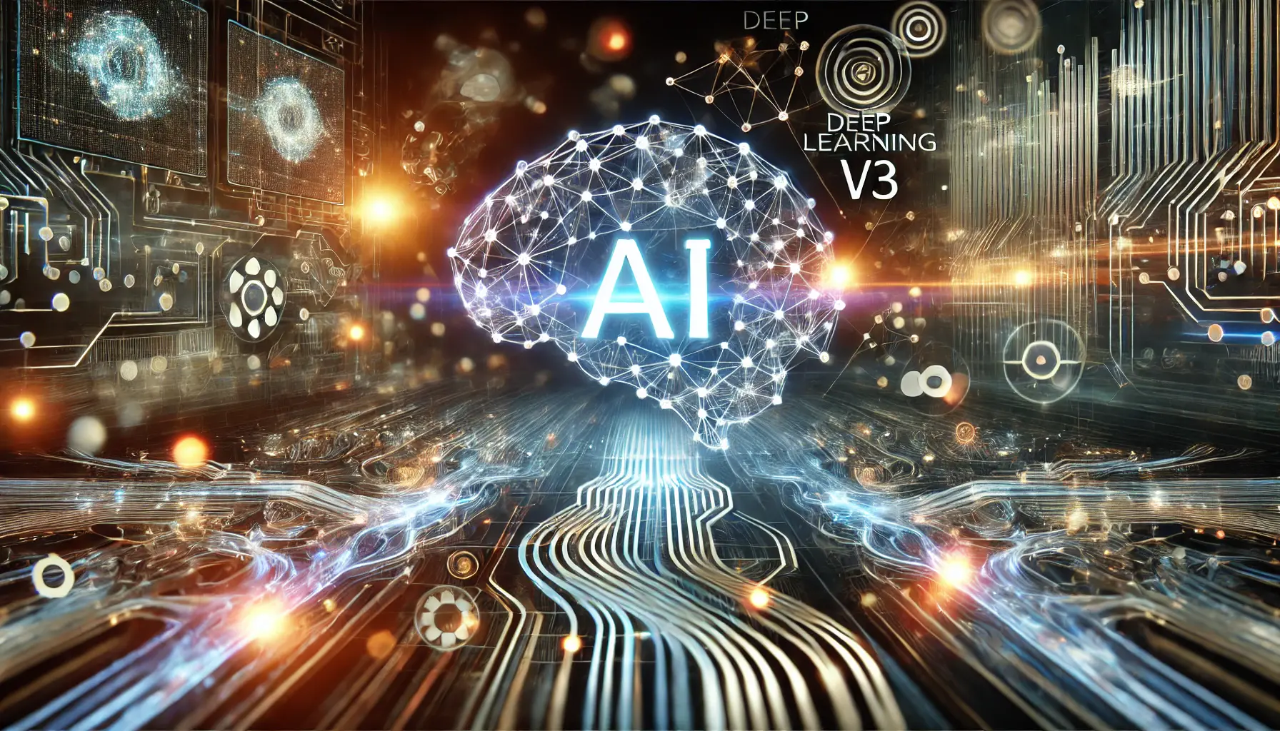 A futuristic neural network with interconnected glowing nodes, dynamic data streams, and an advanced AI model optimizing performance, symbolizing DeepSeek v3's technological advancements.