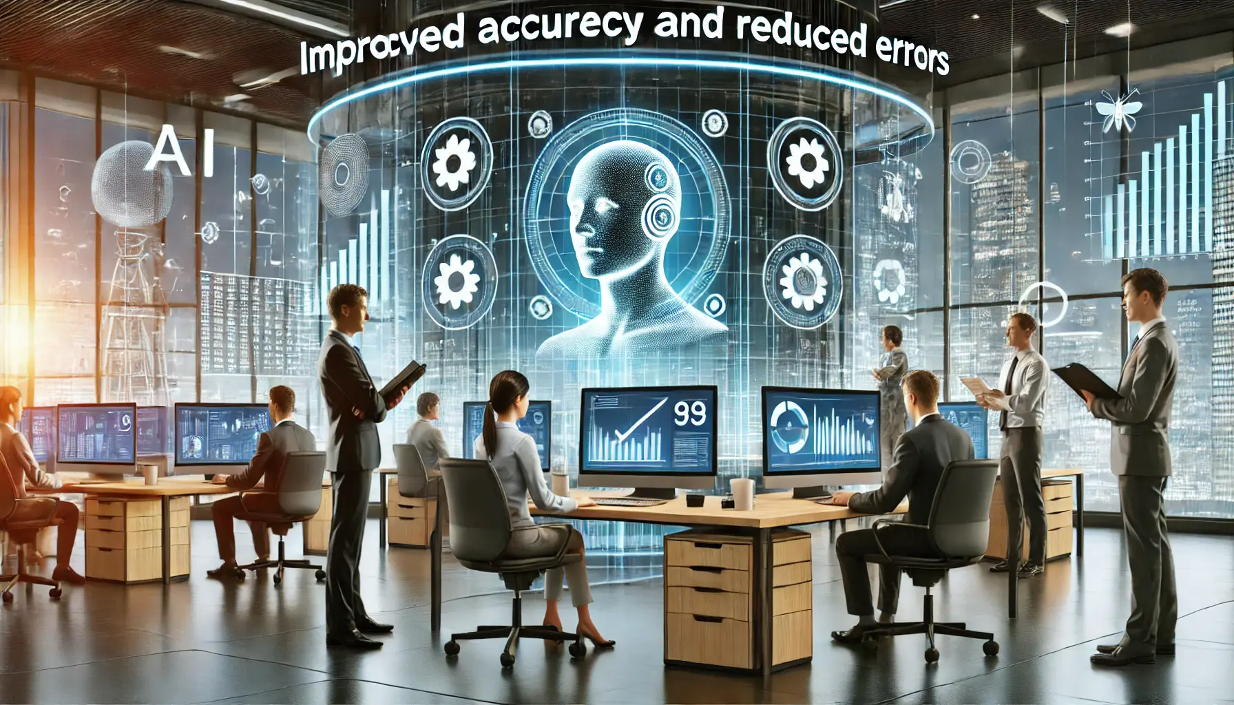 A modern office environment where AI systems improve accuracy and reduce errors by processing data with precision.