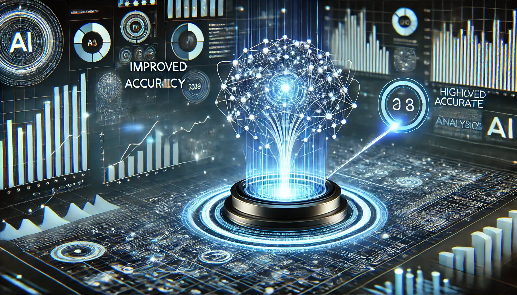 A futuristic visualization representing improved accuracy in AI predictions, with advanced neural networks and glowing data pathways.