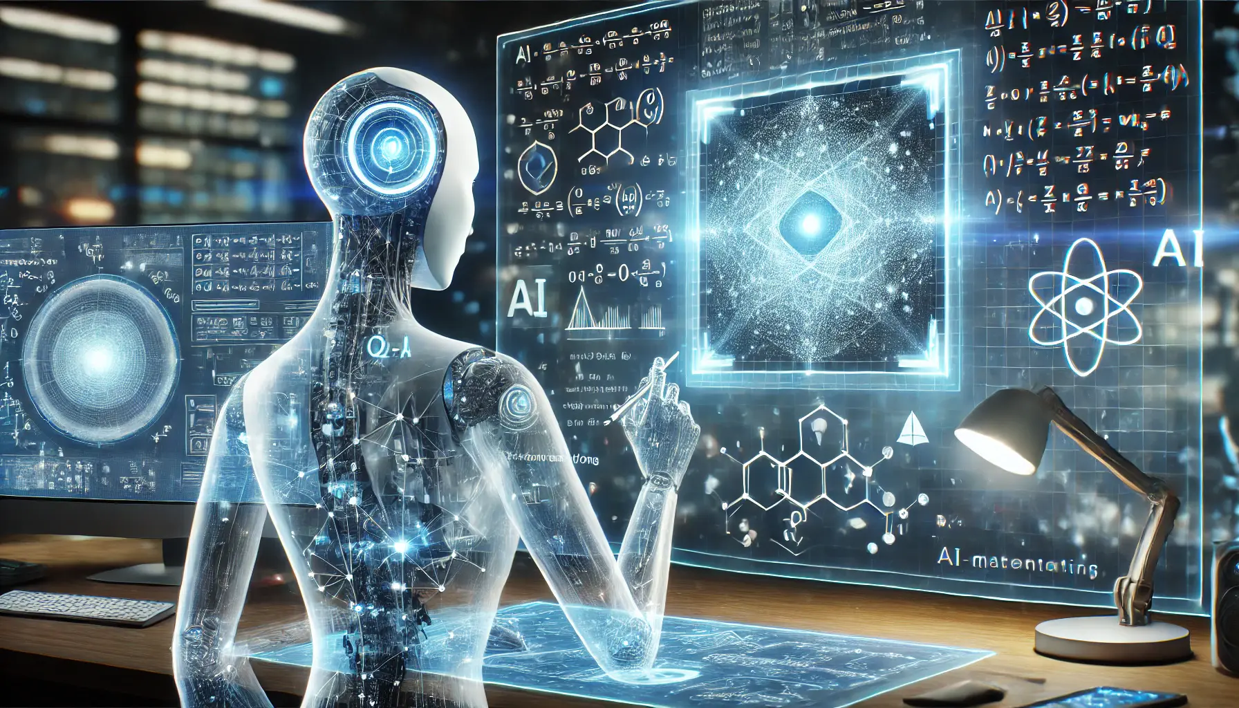 A futuristic AI-powered assistant solving complex mathematical problems in real-time, interacting with a holographic interface displaying intricate equations and calculations.