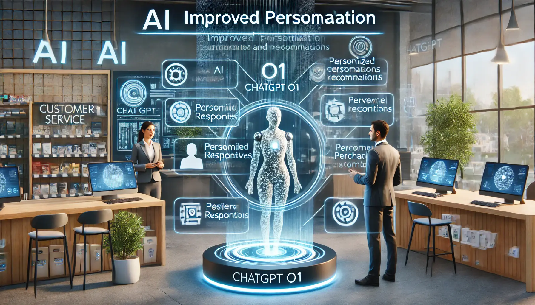 A modern customer service environment where AI systems like ChatGPT o1 analyze customer data to provide personalized responses and recommendations in real-time.