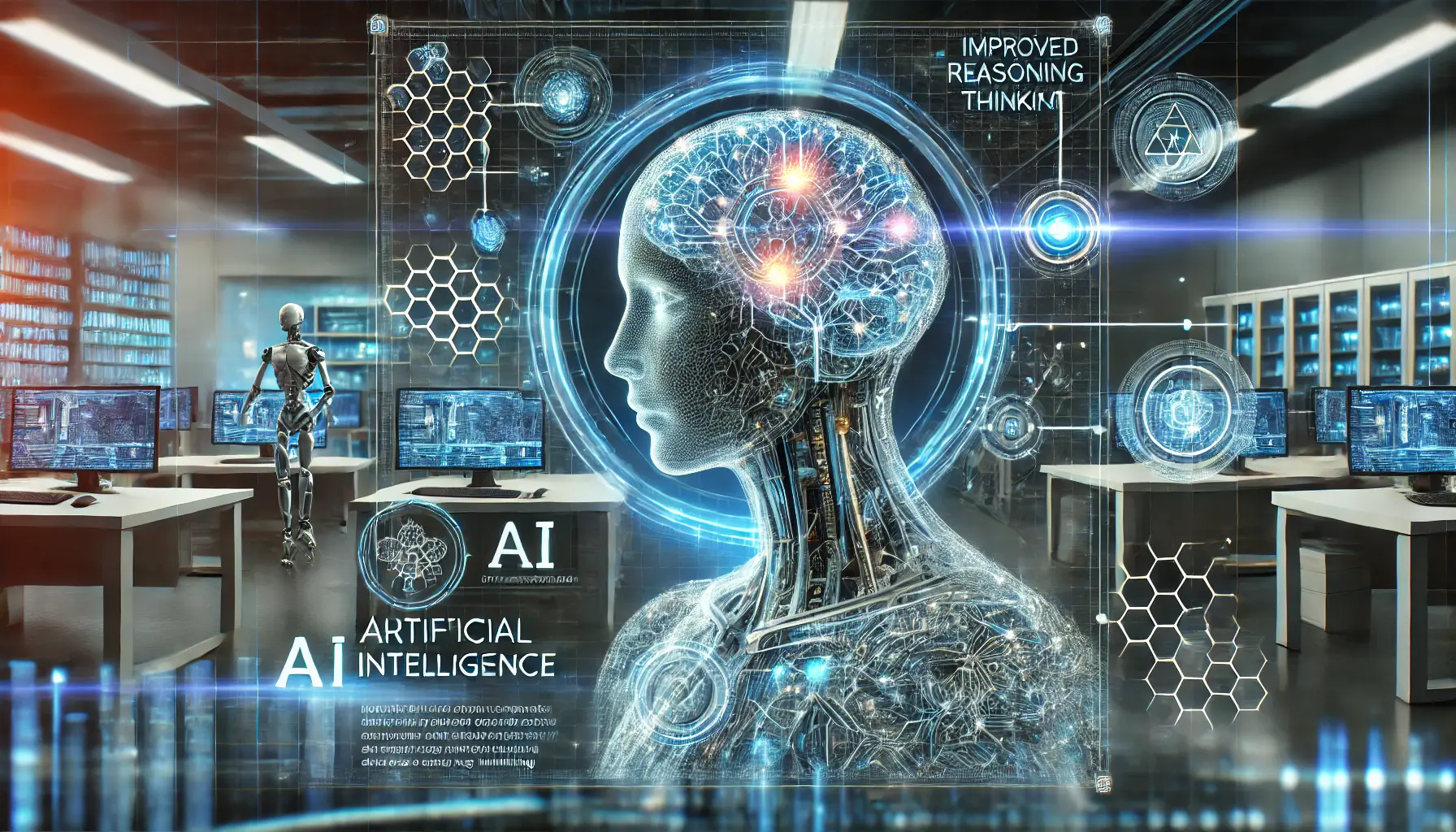 A high-tech AI interface with illuminated neural pathways, decision trees, and logical flowcharts in a futuristic research lab.