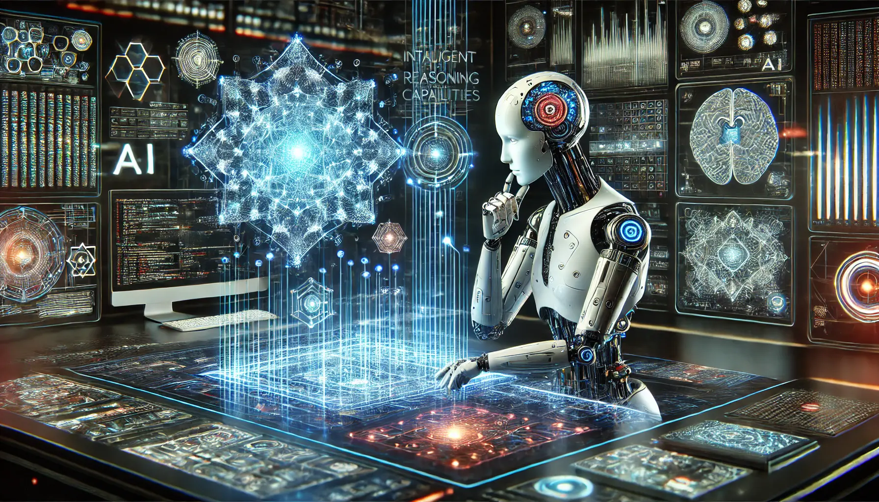 A futuristic AI system demonstrating advanced reasoning capabilities in a high-tech environment.