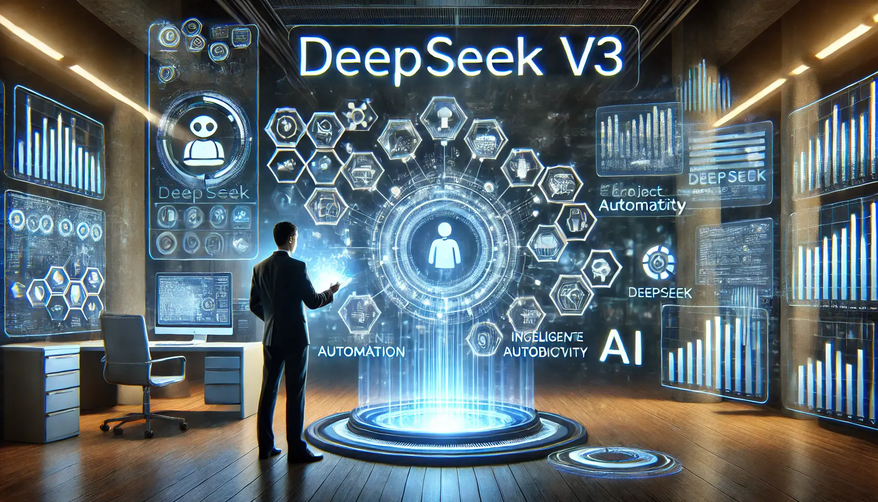 A futuristic scene showing the integration of DeepSeek v3 in productivity tools, enhancing content generation, data analysis, and project management.