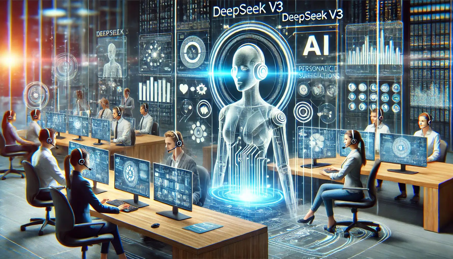 A high-tech customer service environment powered by DeepSeek v3, enhancing customer satisfaction through personalized AI interactions.