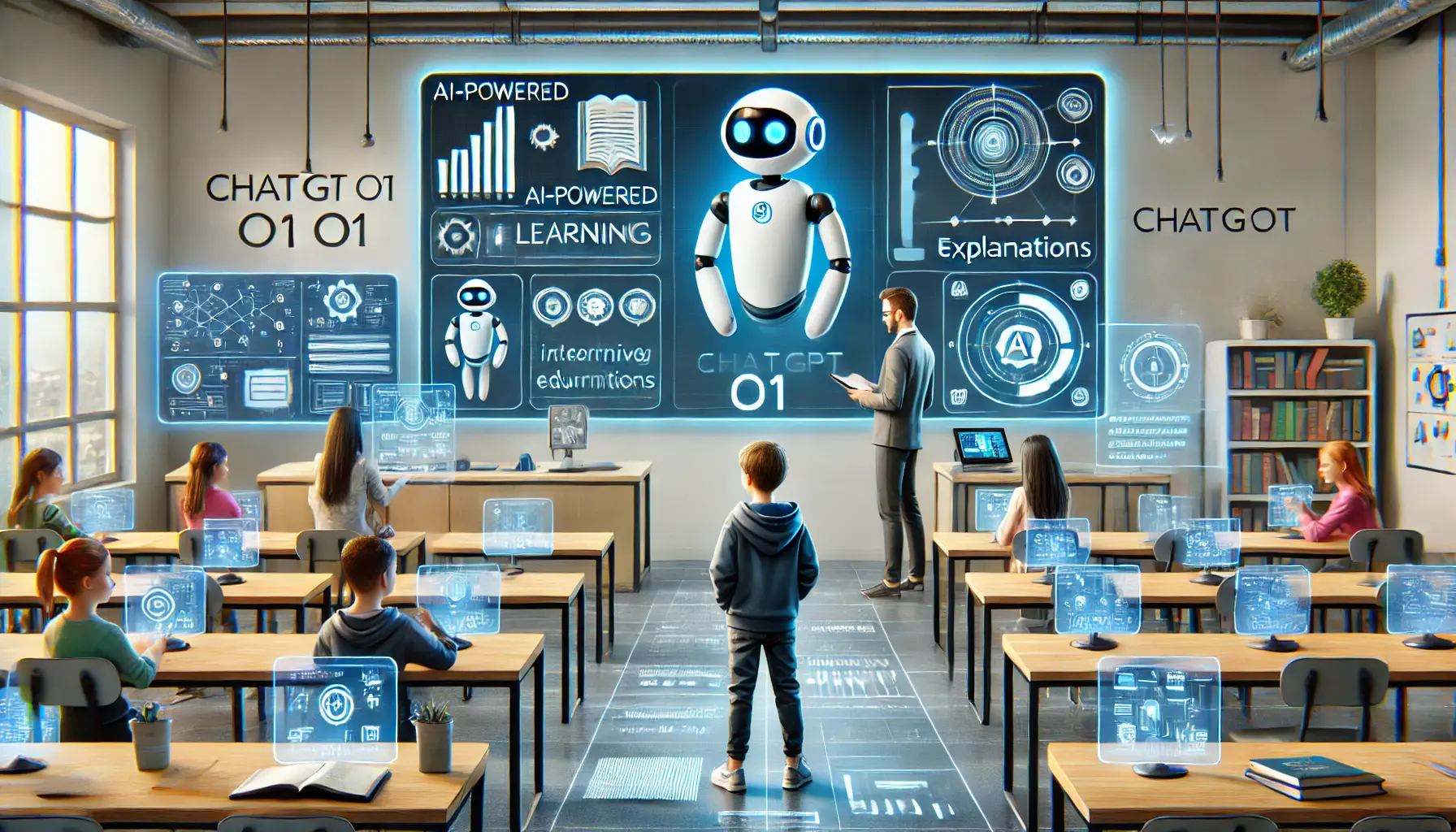 A futuristic classroom where a student interacts with ChatGPT o1 on a digital tablet, receiving personalized tutoring and learning support.