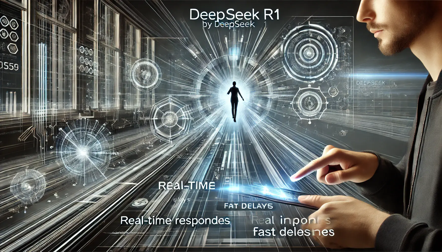 A user effortlessly navigating a high-tech interface, representing the improvement in interaction efficiency powered by DeepSeek R1.