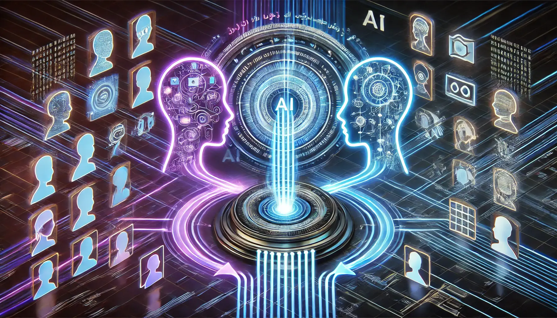 A futuristic AI interface translating multiple languages in real-time, with glowing digital language streams flowing between holographic human profiles.