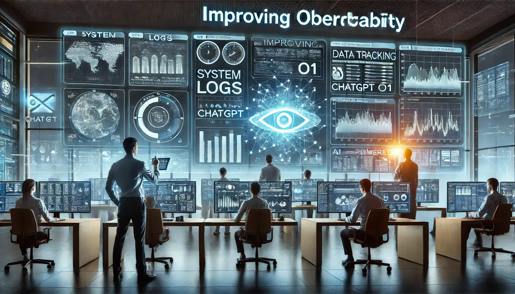 Engineers improving observability in IT operations using ChatGPT o1, monitoring system performance and analyzing data with advanced dashboards.