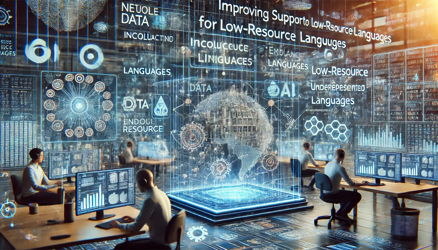 A high-tech AI research lab focused on improving support for low-resource languages, with digital interfaces and neural networks.