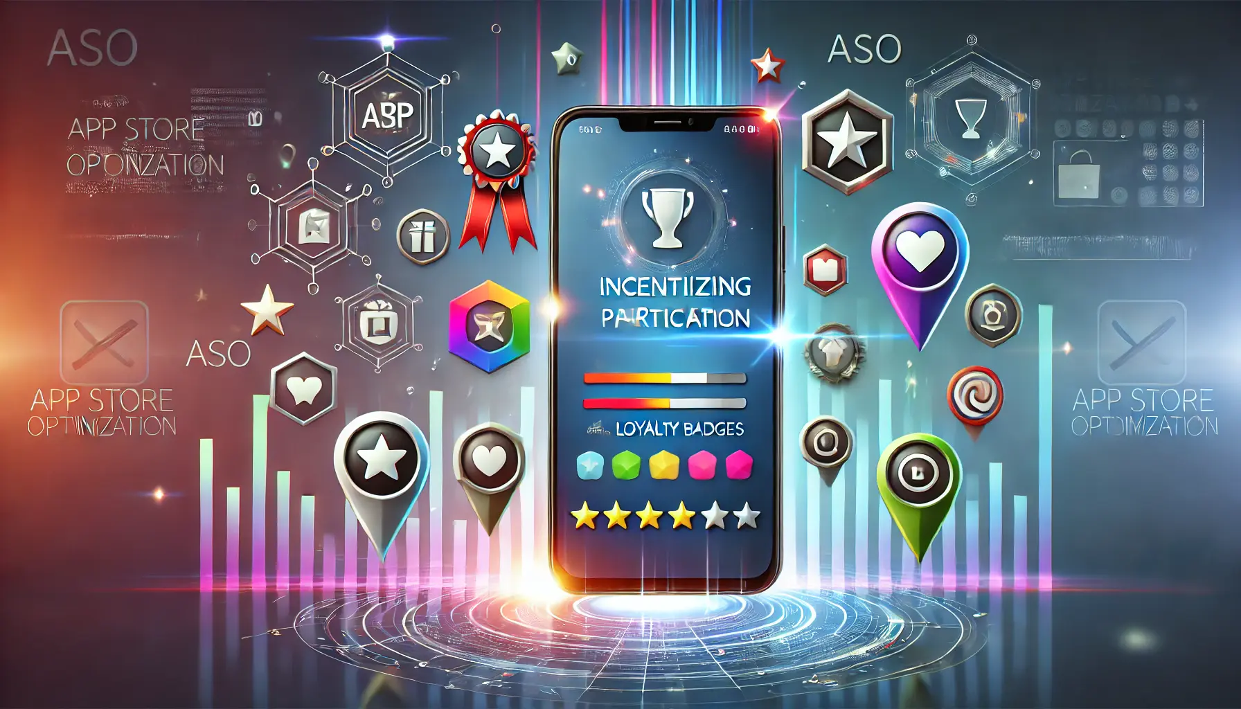 A visually engaging representation of incentivizing user participation for app store optimization, featuring a smartphone surrounded by floating elements like reward icons, loyalty badges, and prizes symbolizing user engagement.