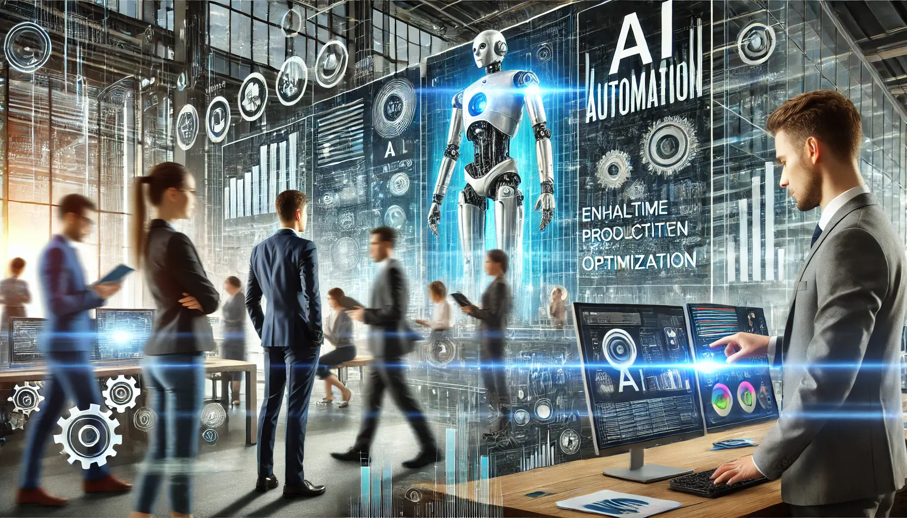 A modern business environment where AI automation boosts efficiency and productivity, with professionals collaborating and digital dashboards optimizing workflows.