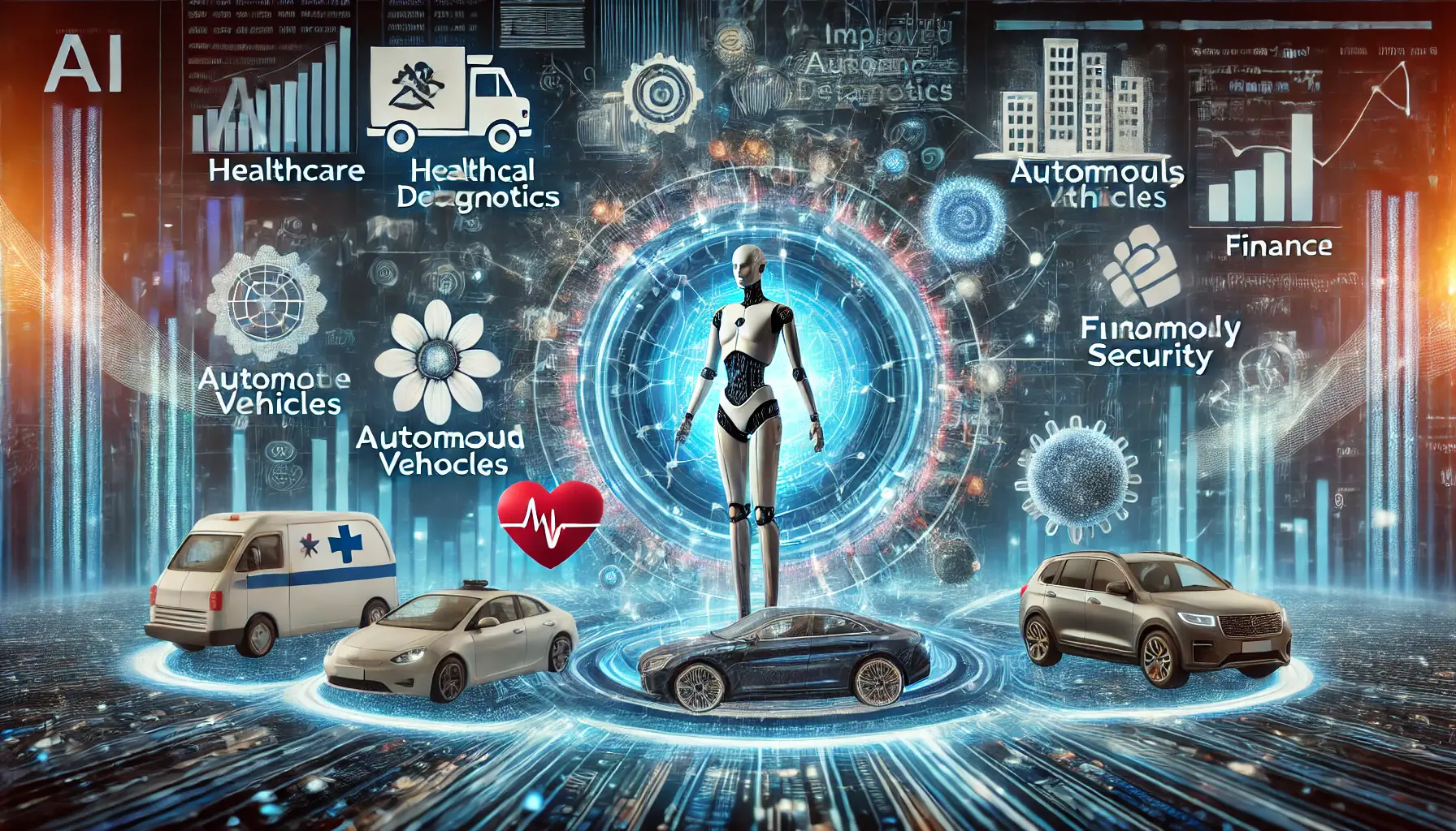 A futuristic AI system transforming healthcare, automotive, and finance industries through advanced technology.