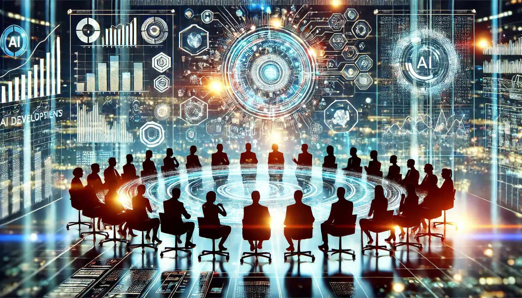 A futuristic roundtable with silhouettes of people representing industry leaders, discussing AI advancements with holographic displays of data and graphs.