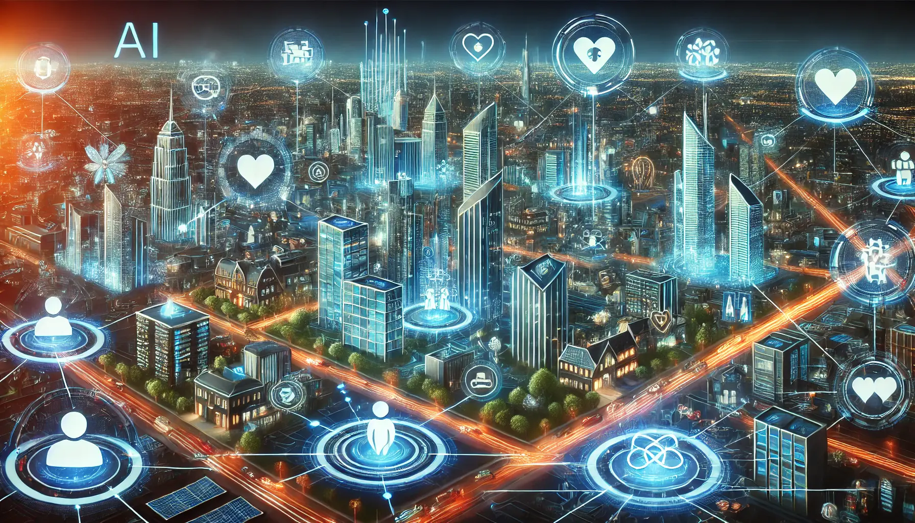 A futuristic digital cityscape symbolizing industry-wide acceptance of AI technology, with interconnected sectors such as business, healthcare, and education.