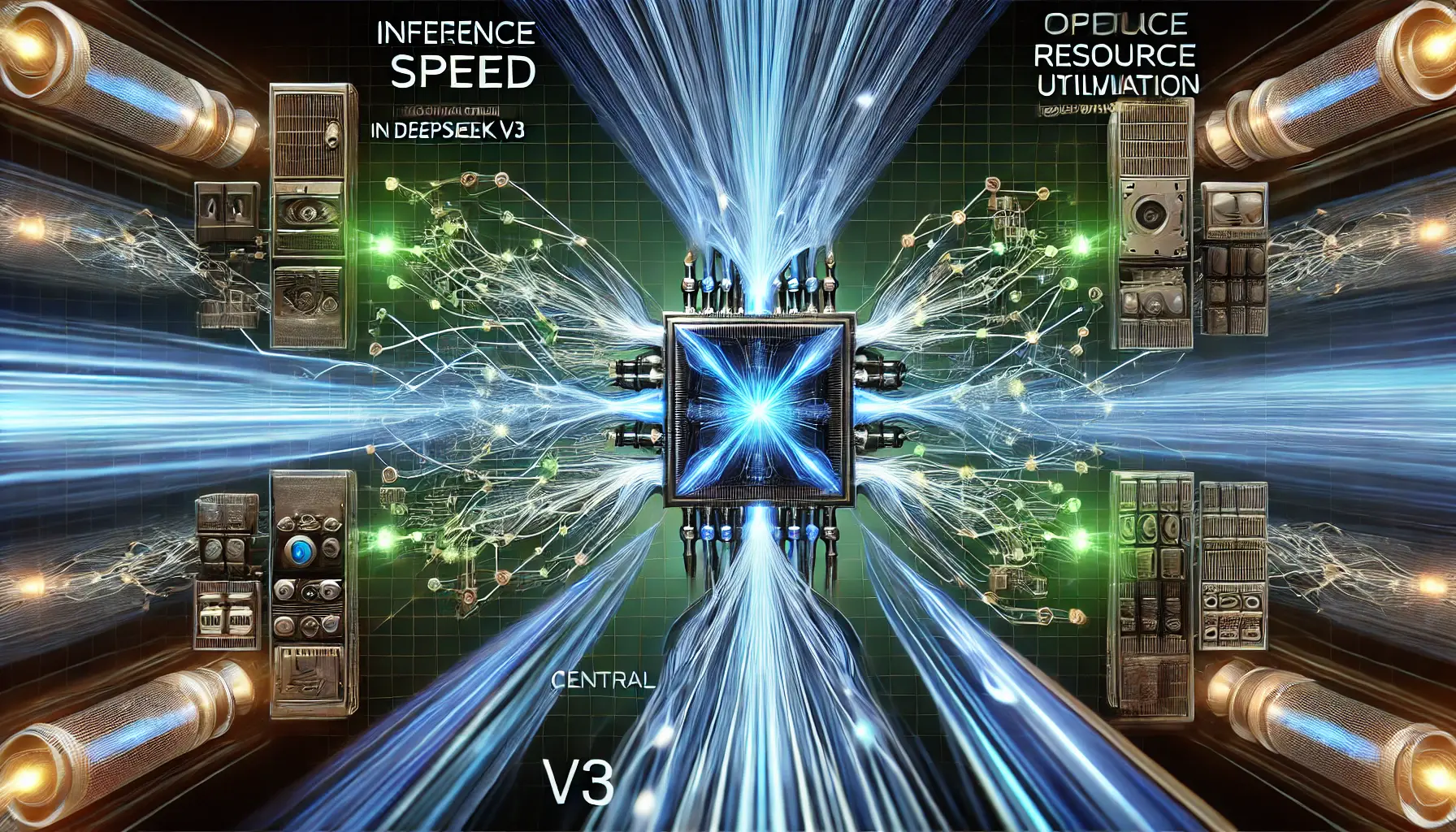 A high-tech visualization of inference speed and resource utilization, showing a neural network processing data at high speed with dynamically adjusting computational resources.