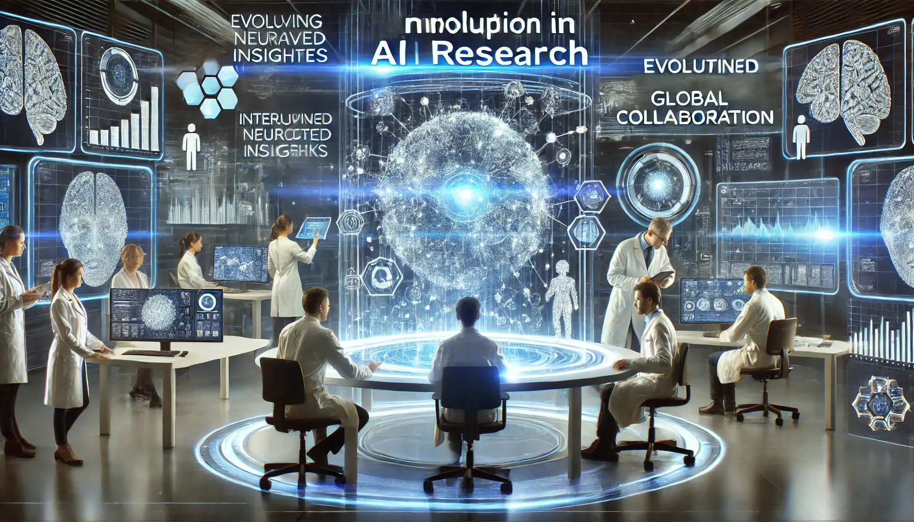 A futuristic AI research lab where scientists collaborate around a holographic display showcasing evolving AI research methodologies.