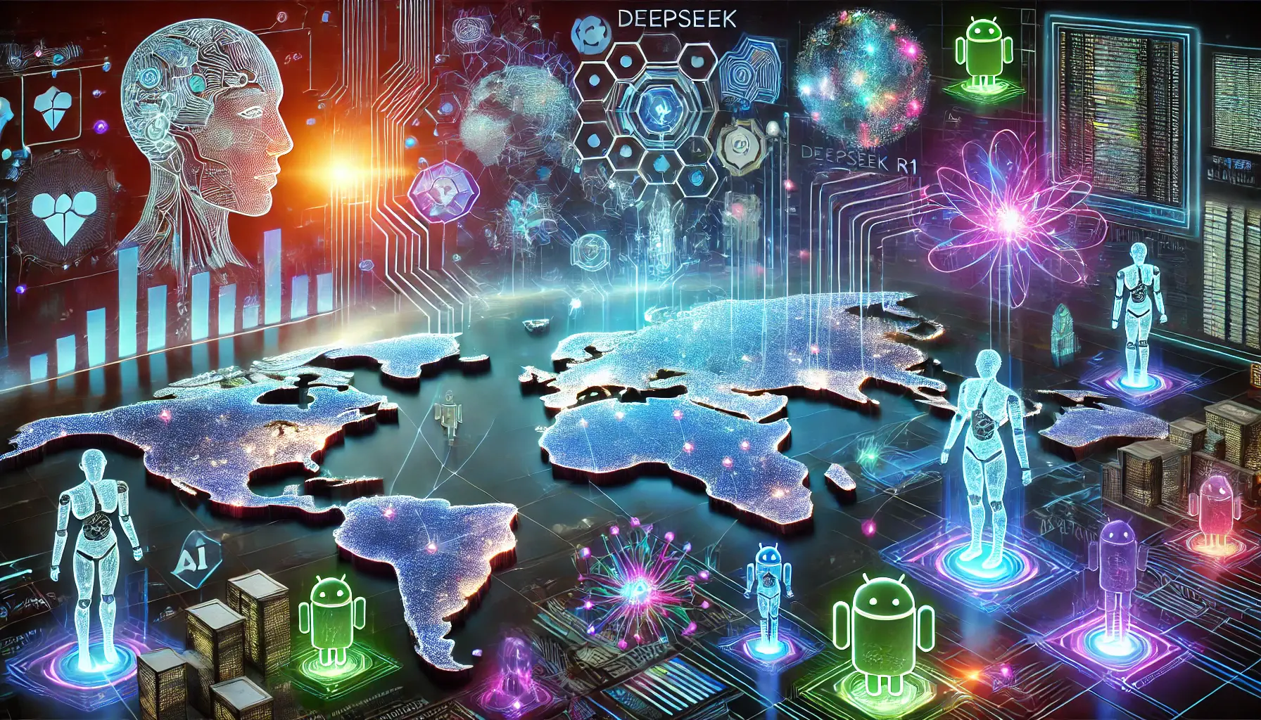 A futuristic visualization of the global impact of DeepSeek R1 on AI development, with digital pathways connecting technology hubs and representing AI competition across nations.