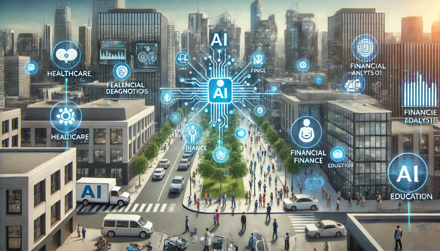 A futuristic cityscape showing the influence of AI technology like ChatGPT o1 on main industries.