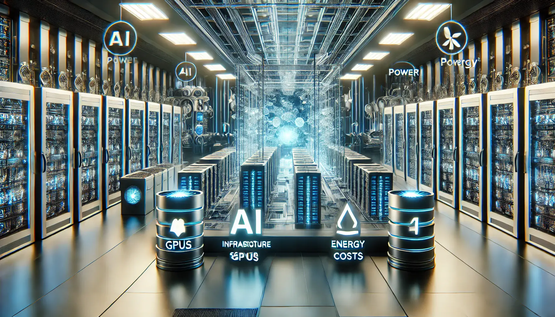 A futuristic data center showcasing infrastructure and power costs for AI adoption.