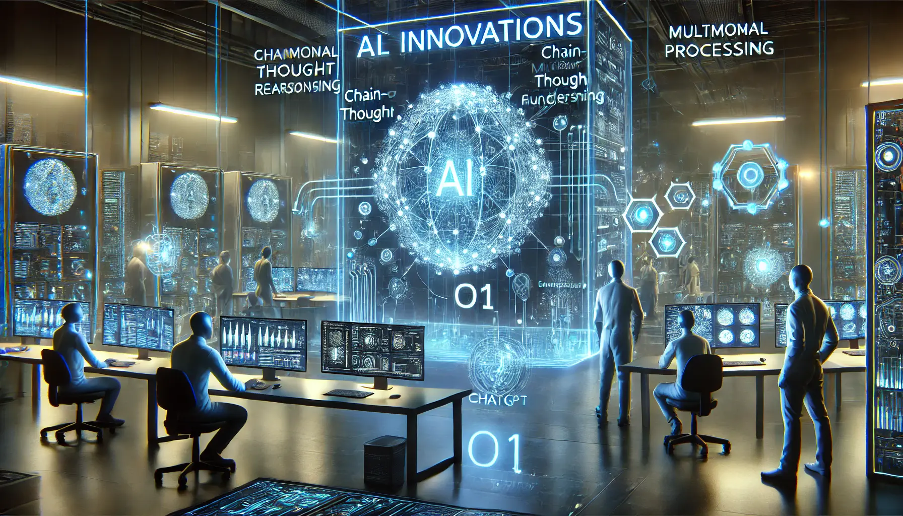 A futuristic AI development lab where engineers work with holographic displays of advanced AI capabilities such as chain-of-thought reasoning and multimodal processing.