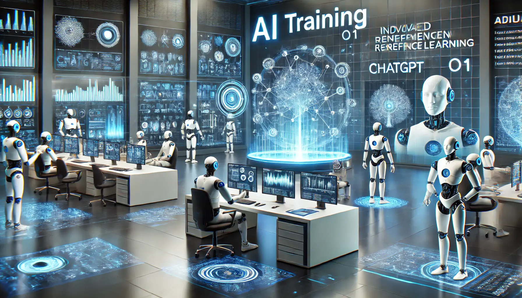 A high-tech AI training environment with reinforcement learning algorithms and neural networks being optimized in real-time, with robotic systems assisting in the process.