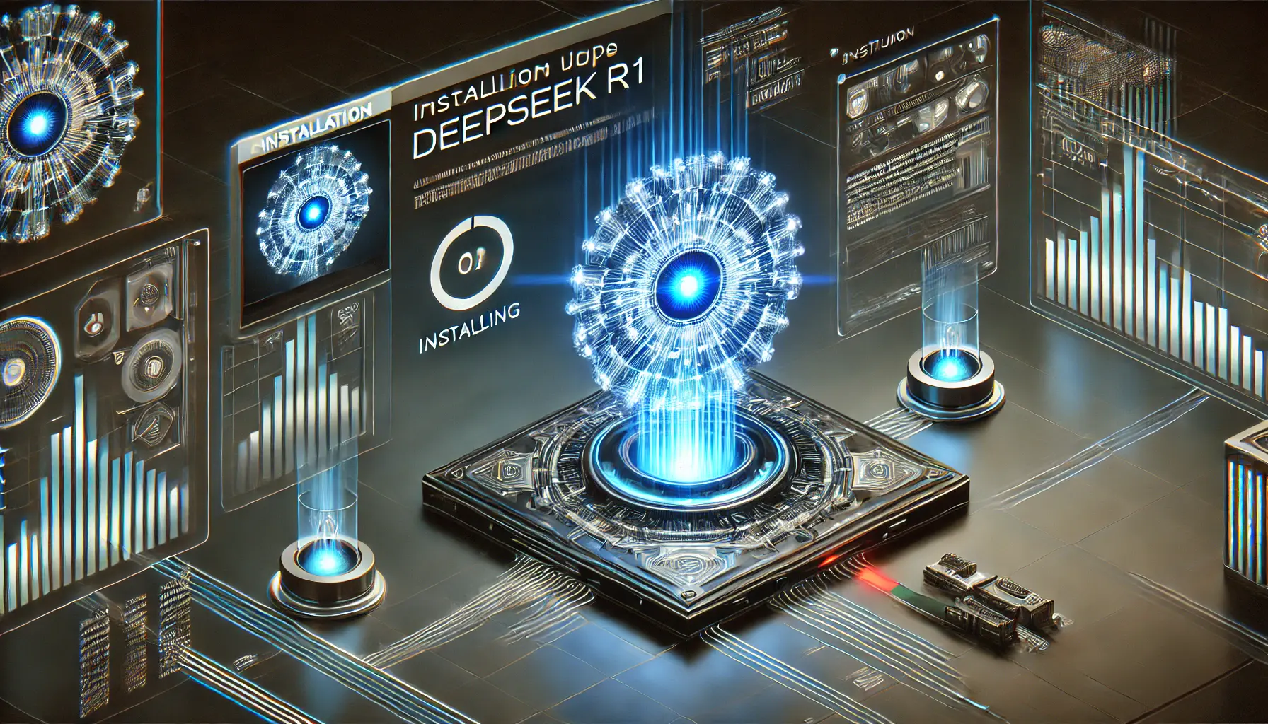 A futuristic AI installation process visualization featuring a high-tech system setup with holographic progress bars, loading indicators, and installation steps. A glowing AI core represents DeepSeek R1 being deployed into a system, surrounded by data streams and futuristic diagnostics.