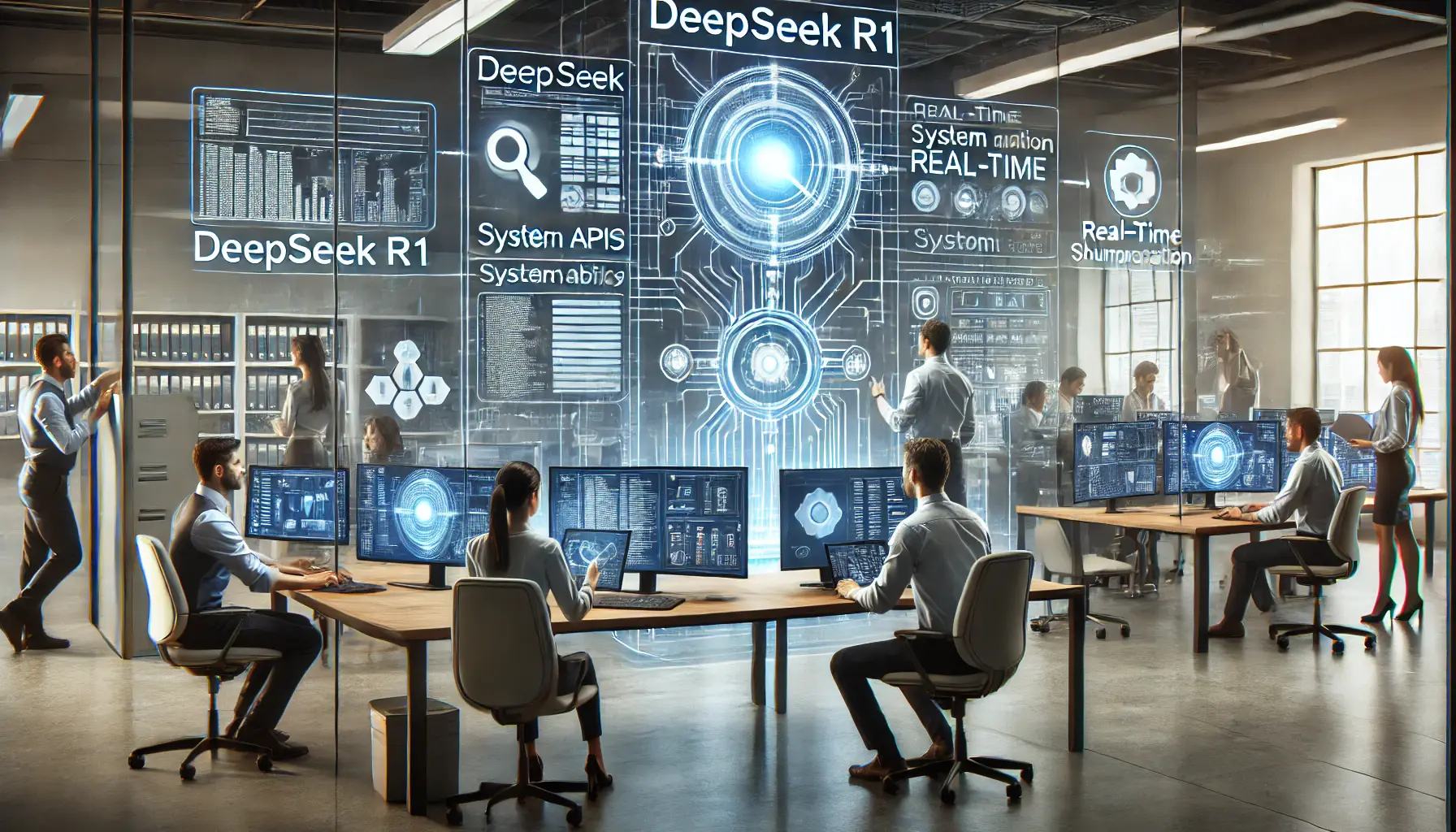 IT professionals working together in a modern office, integrating DeepSeek R1 into existing company infrastructure with digital interfaces and data synchronization.