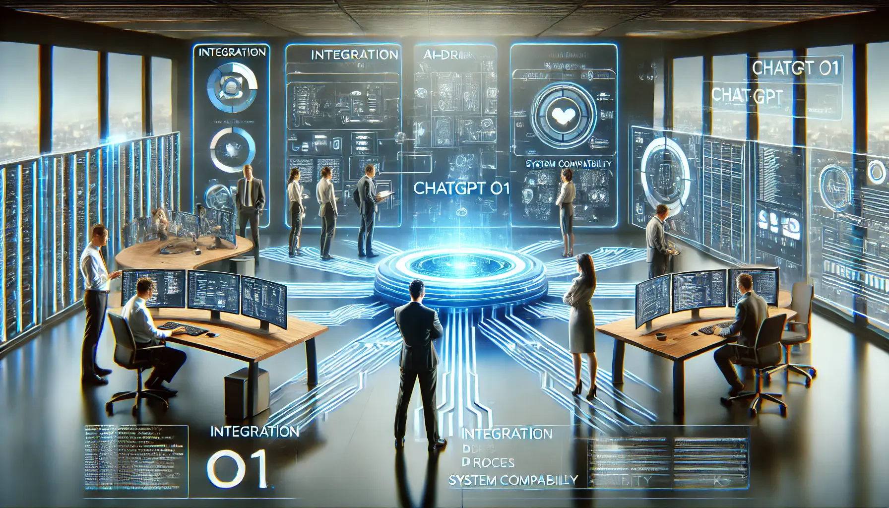 A futuristic office environment where ChatGPT o1 is being integrated into existing business systems and infrastructure.