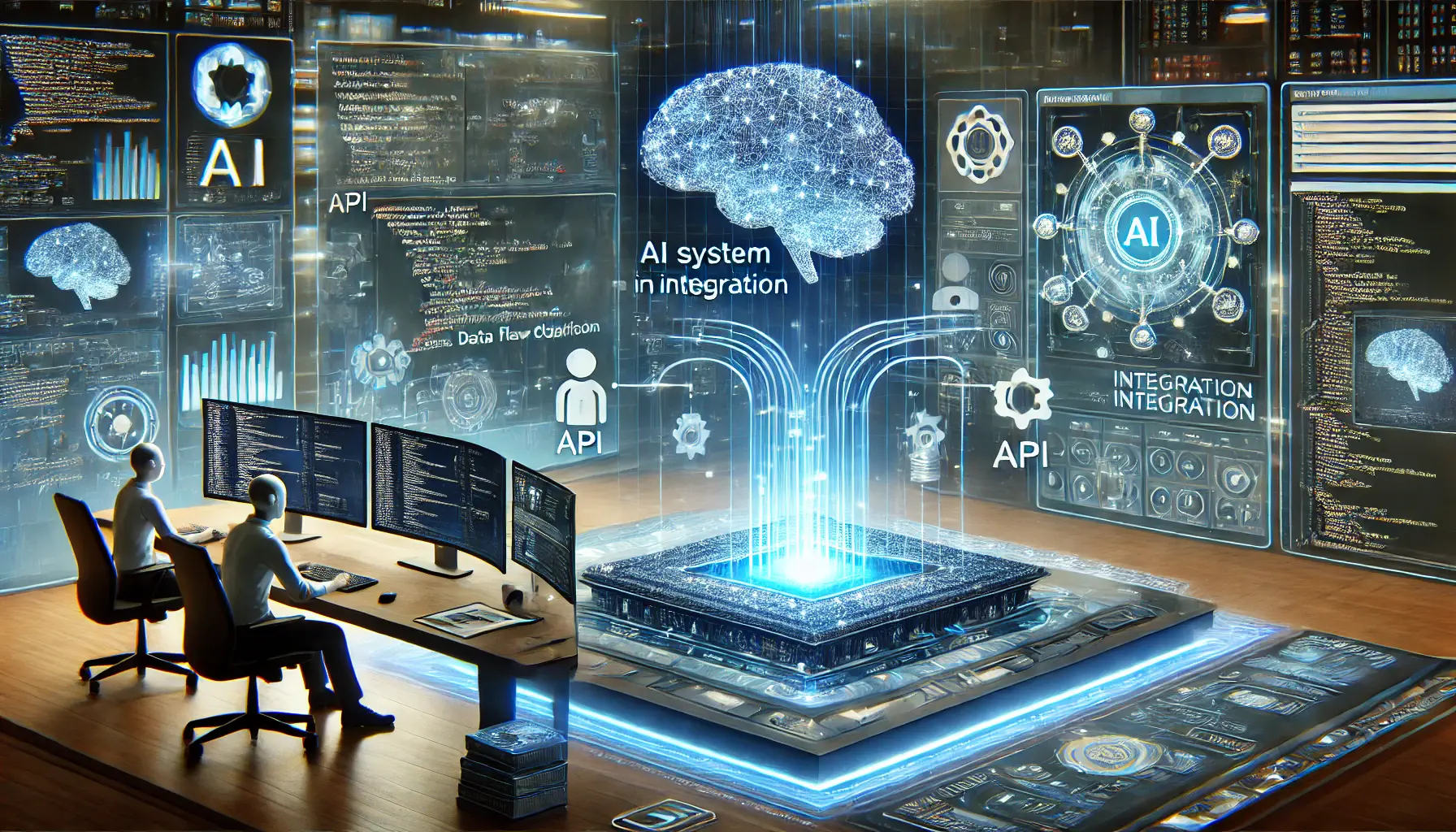 A futuristic development workspace where engineers are integrating an AI system into a digital platform with holographic interfaces displaying code and API connections.