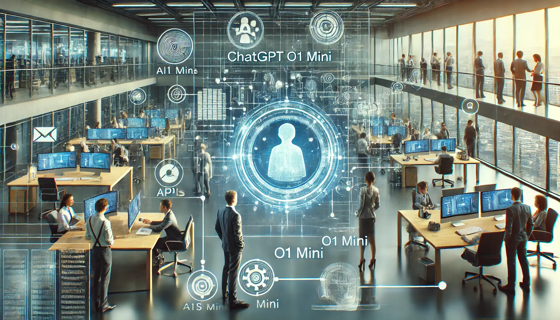 A high-tech office showing the integration of ChatGPT o1 Mini with existing business systems through APIs and data synchronization.