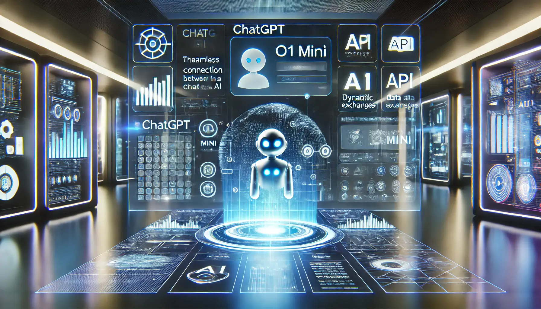 A futuristic application interface showing seamless integration of ChatGPT o1 Mini with API connections, data exchanges, and a smooth user experience.