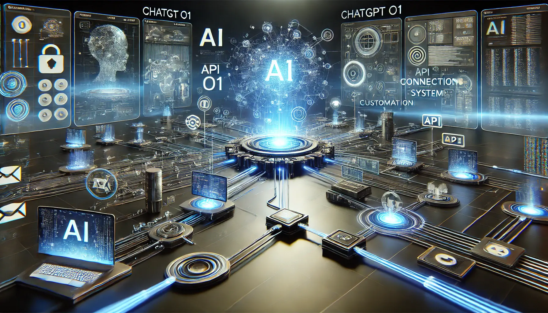 A high-tech digital environment visualizing the integration of ChatGPT o1 with existing systems through seamless data connections.