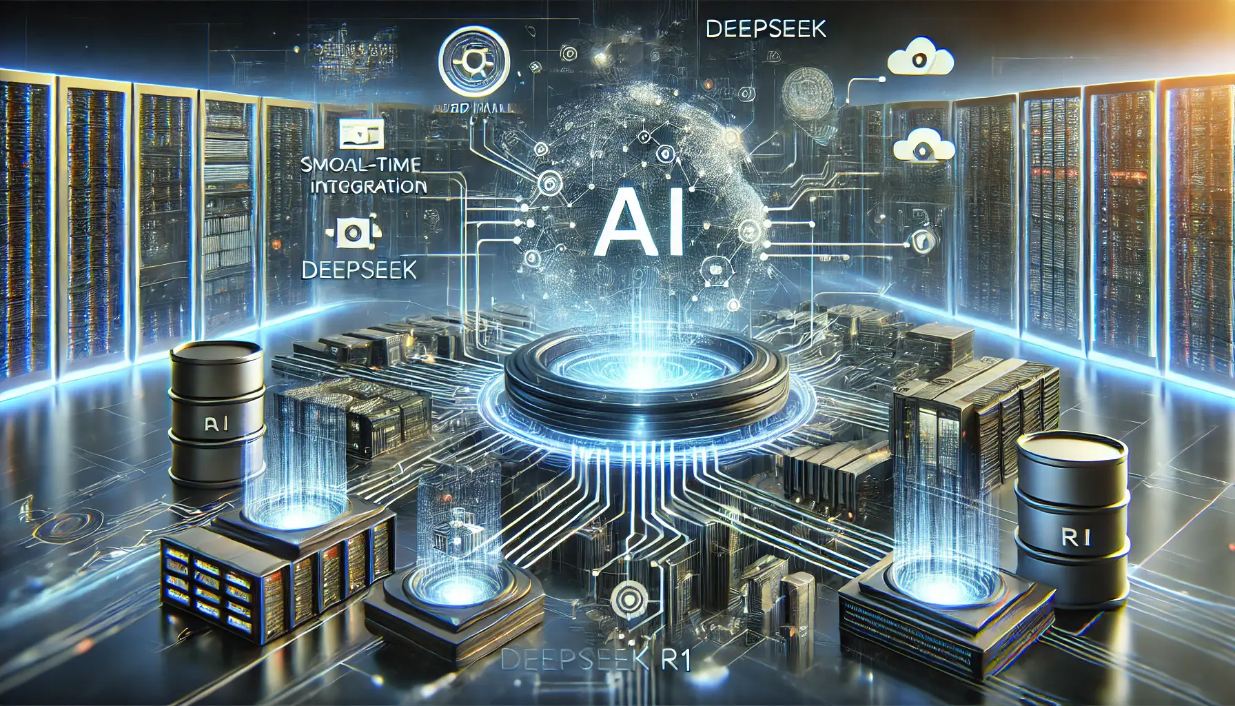 A futuristic AI-powered data system seamlessly integrating DeepSeek R1 with cloud platforms, databases, and real-time analytics.