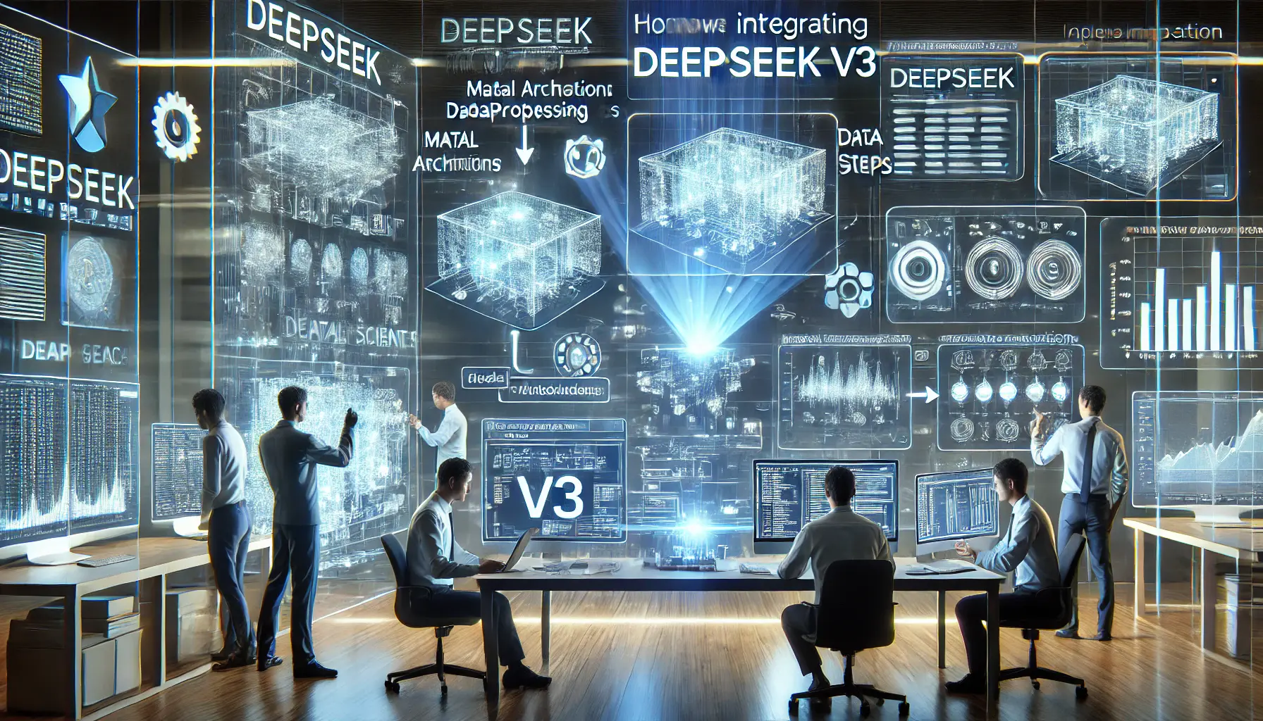 A modern AI development lab showcasing the integration of DeepSeek v3 into predictive models with holographic interfaces and machine learning pipelines.