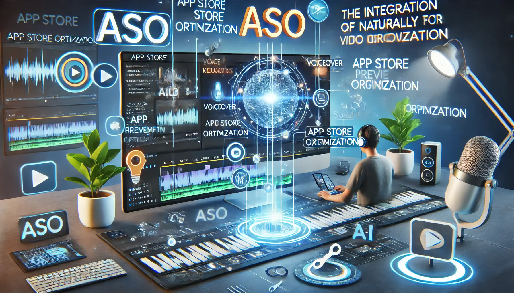 A digital illustration of a high-tech workspace with a video editing timeline, voiceover waveforms, and keyword placement markers on a screen.