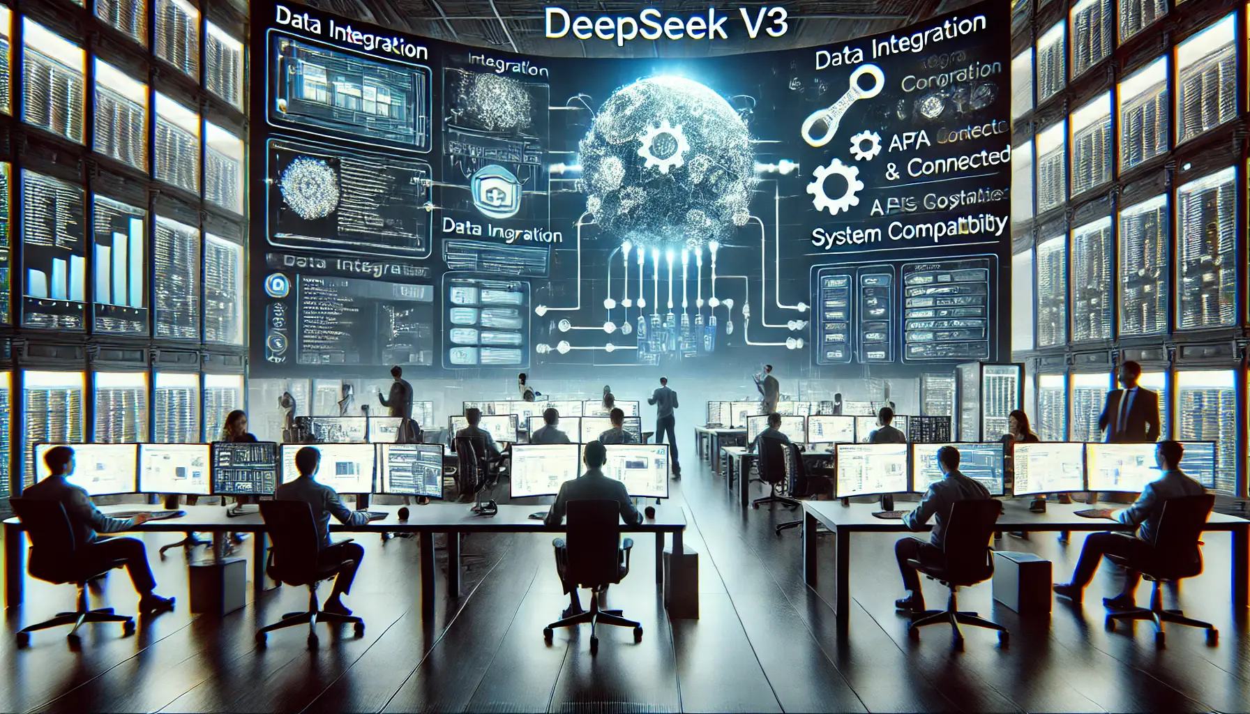 A high-tech workspace showing the seamless integration of DeepSeek v3 into existing business systems, with multiple computer screens displaying data integration workflows and APIs.