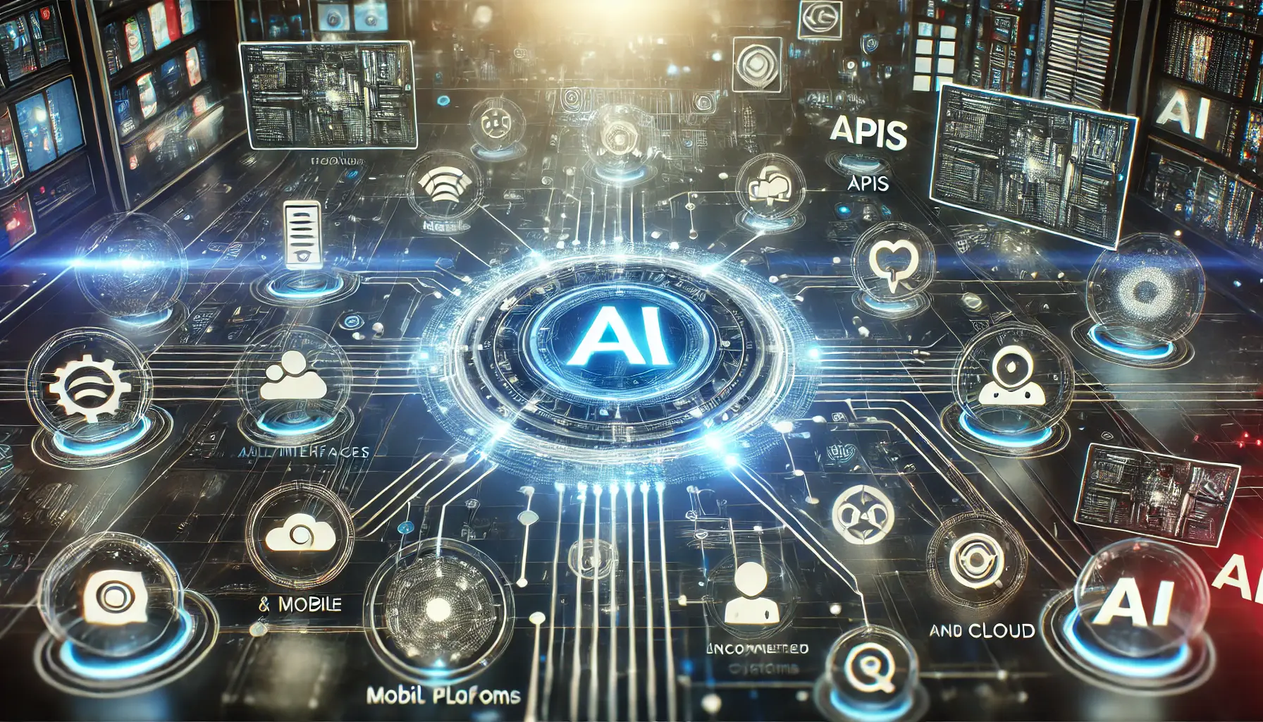 A futuristic AI system demonstrating integration capabilities, visualized as a glowing AI core surrounded by digital interfaces, APIs, and interconnected platforms like mobile, web, and cloud.