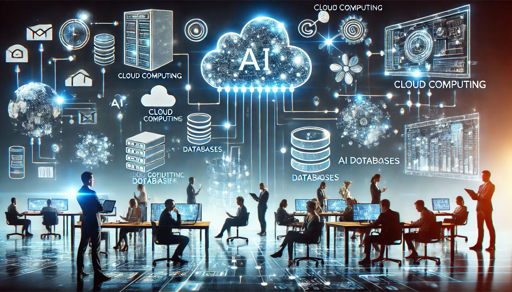 A high-tech business environment illustrating the integration of AI systems with cloud computing, databases, and digital data streams.