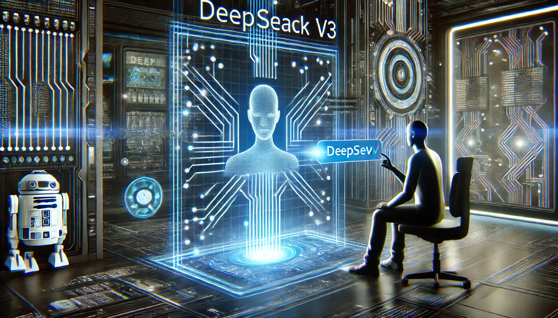 A futuristic scene showing the integration of DeepSeek v3 into chat applications with a user interacting with an AI-powered digital assistant.