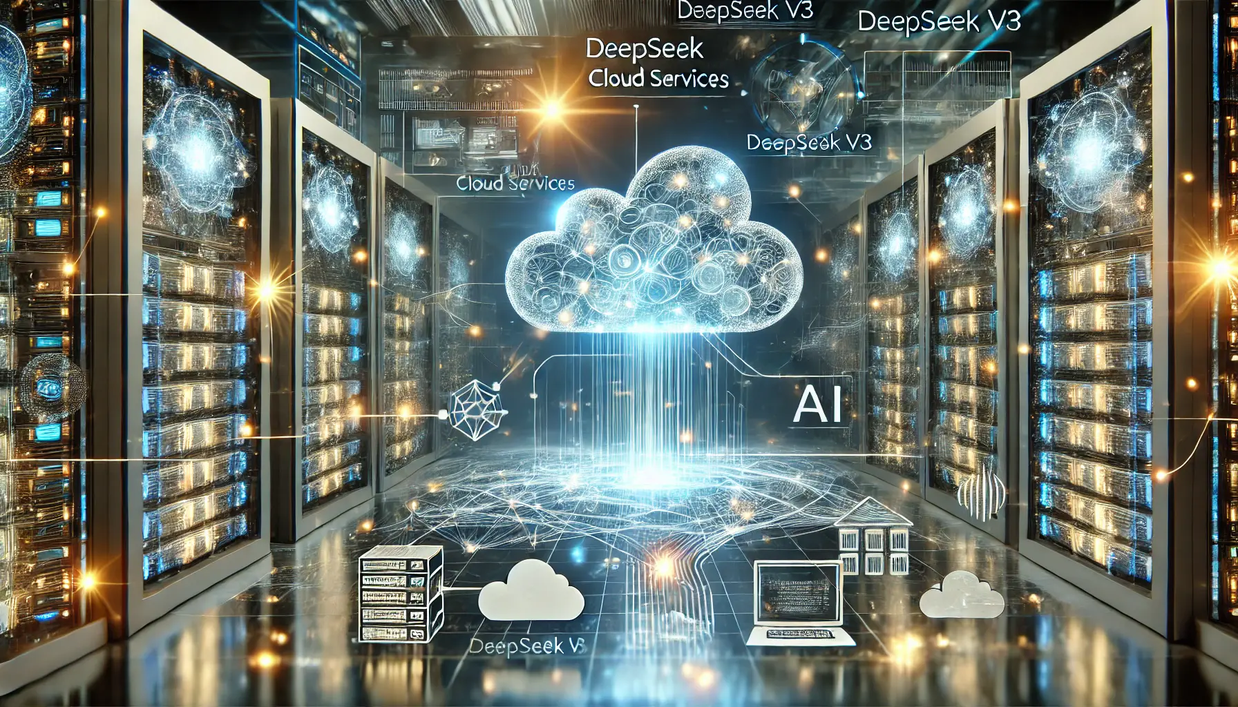 A futuristic AI visualization of interconnected cloud servers with data streams, symbolizing AI integration in cloud services.