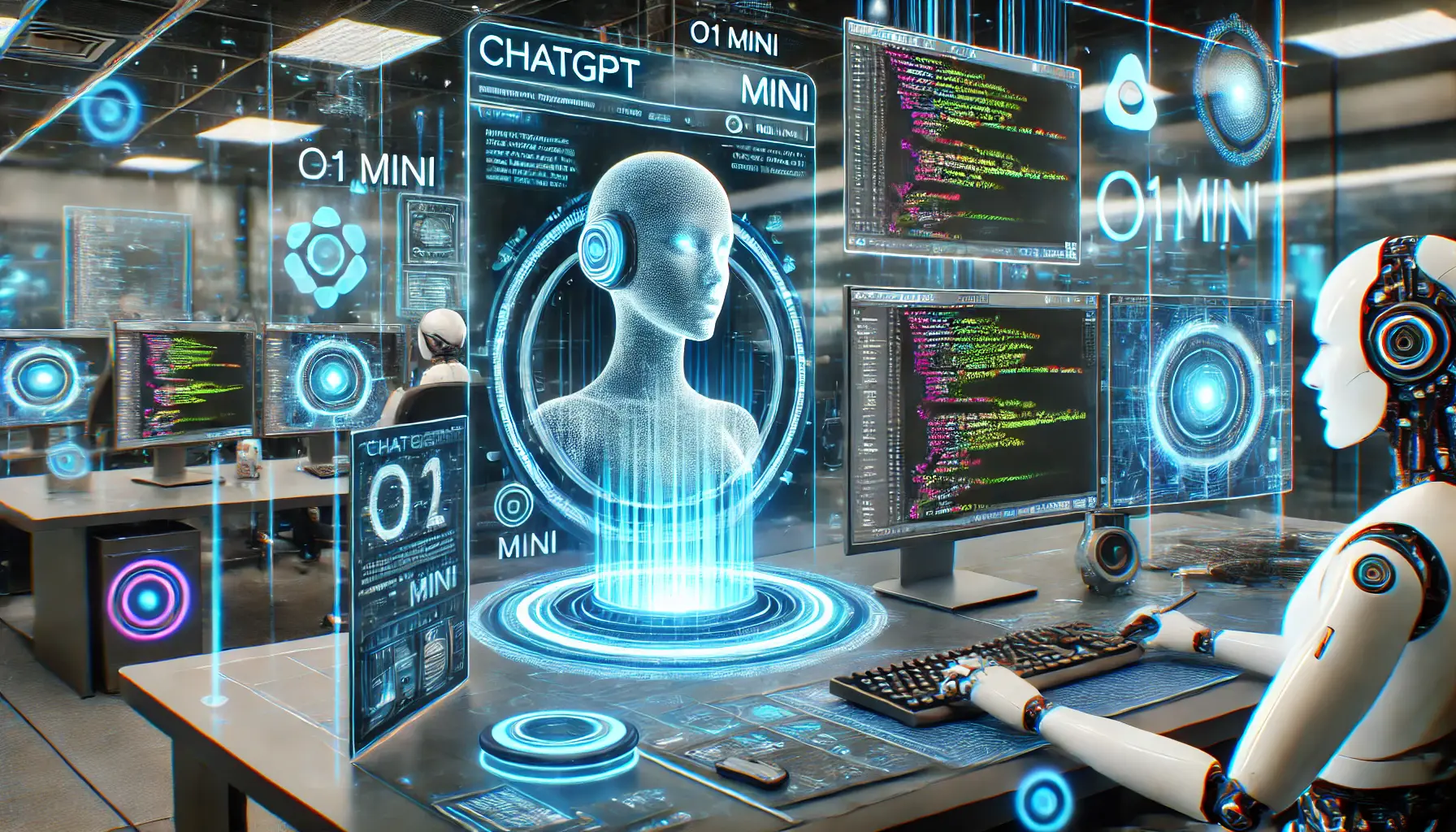 A futuristic software development environment showing ChatGPT o1 Mini integrated into coding workflows with real-time code generation and debugging.