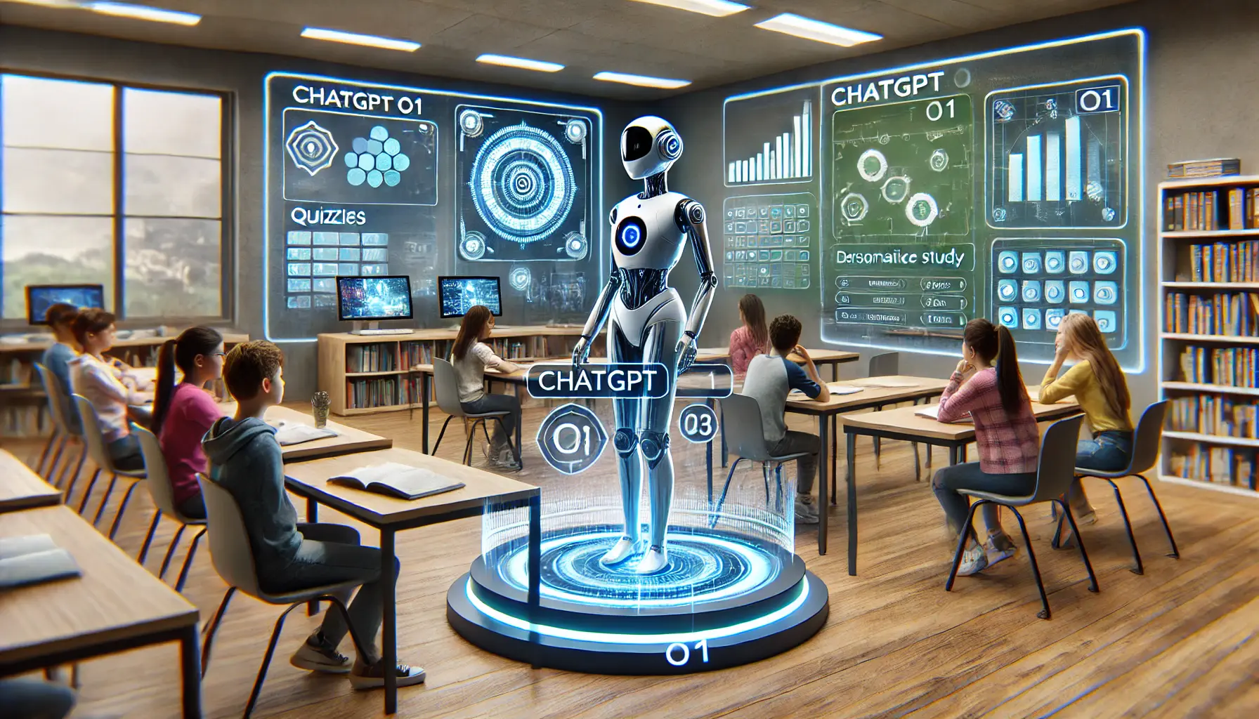 A futuristic classroom environment where ChatGPT o1 is integrated into educational tools and platforms.