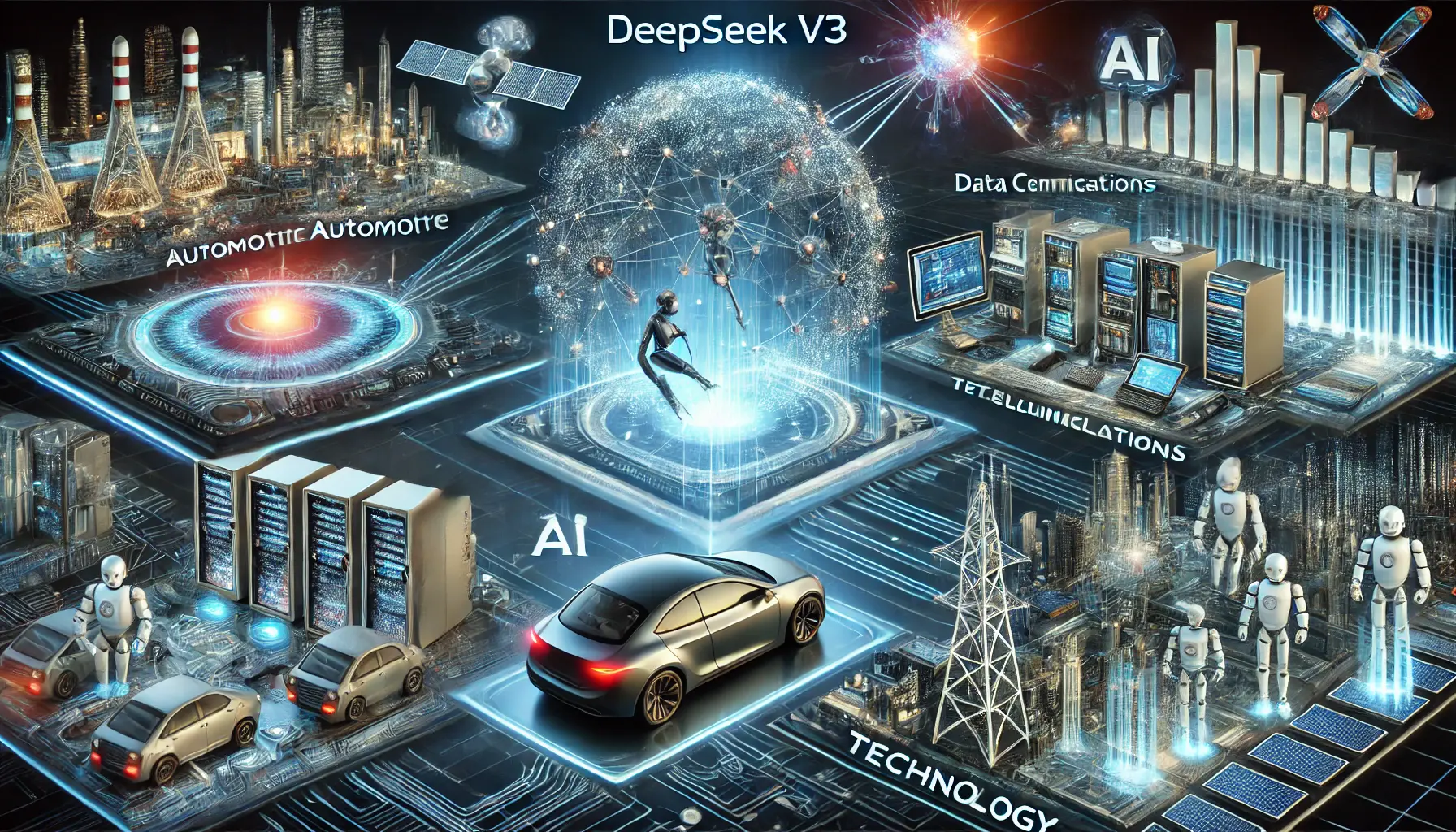 A futuristic representation of DeepSeek v3 integrated across multiple industries, including automotive, telecommunications, and technology sectors.