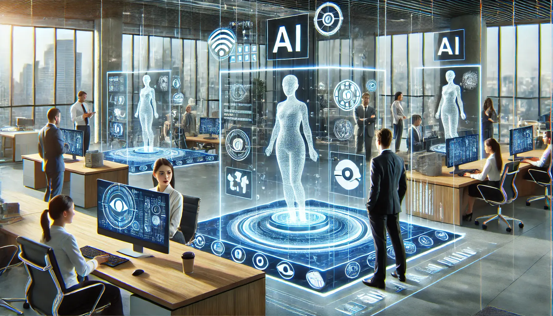 A futuristic business office where AI agents manage and optimize business workflows autonomously.