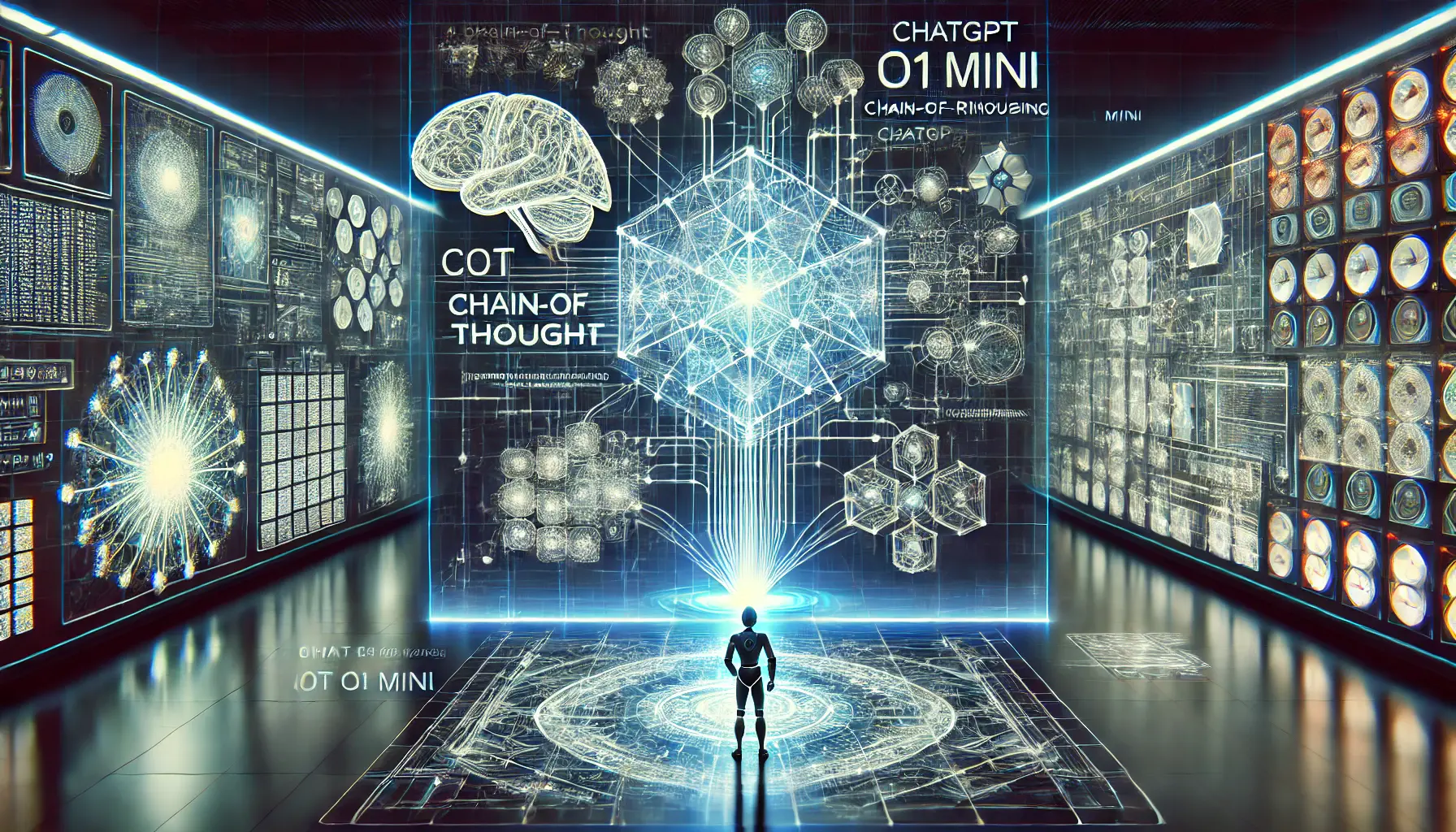 A futuristic digital visualization of the integration of Chain-of-Thought (CoT) reasoning in AI systems, showing interconnected nodes and decision trees.