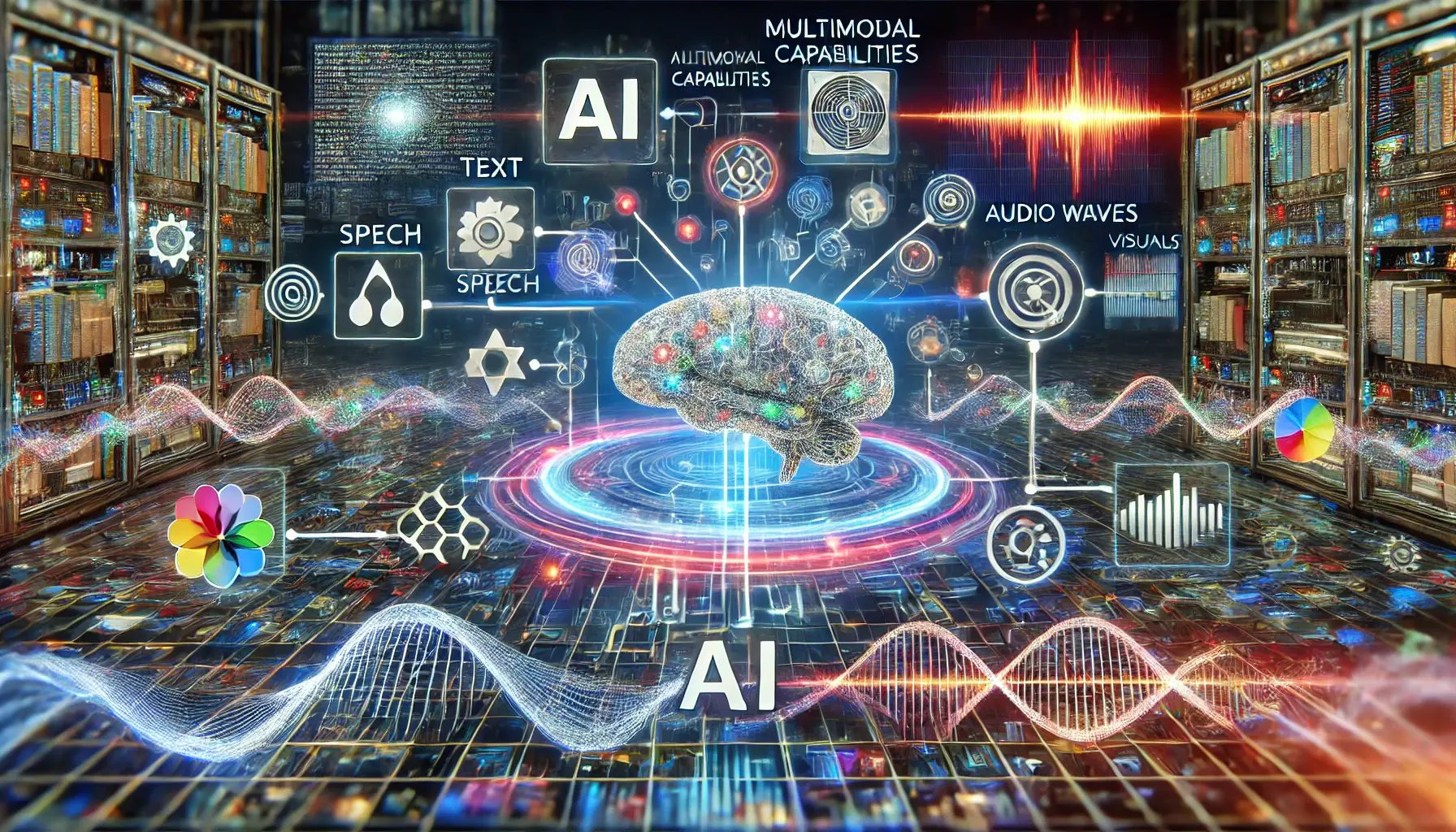 A digital representation of AI integrating multimodal capabilities, processing text, speech, and visuals through neural networks.