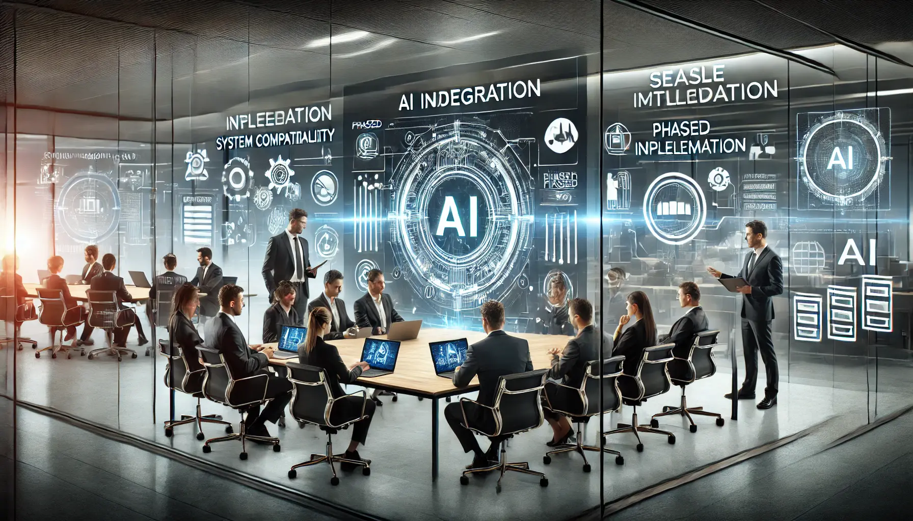 A team of professionals collaborating in a high-tech office to develop AI integration strategies for seamless business adoption.